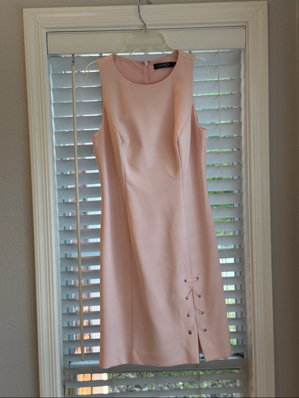 Lauren Ralph Lauren Pale Pink Sleeveless Midi Sheath Dress with Lace-Up Hem